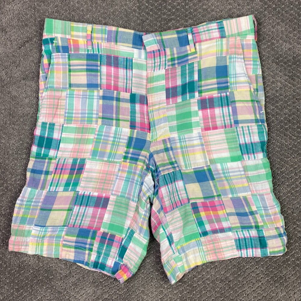 J Press Patchwork Shorts Men's 38 Cotton Made in the USA Madras Bermuda